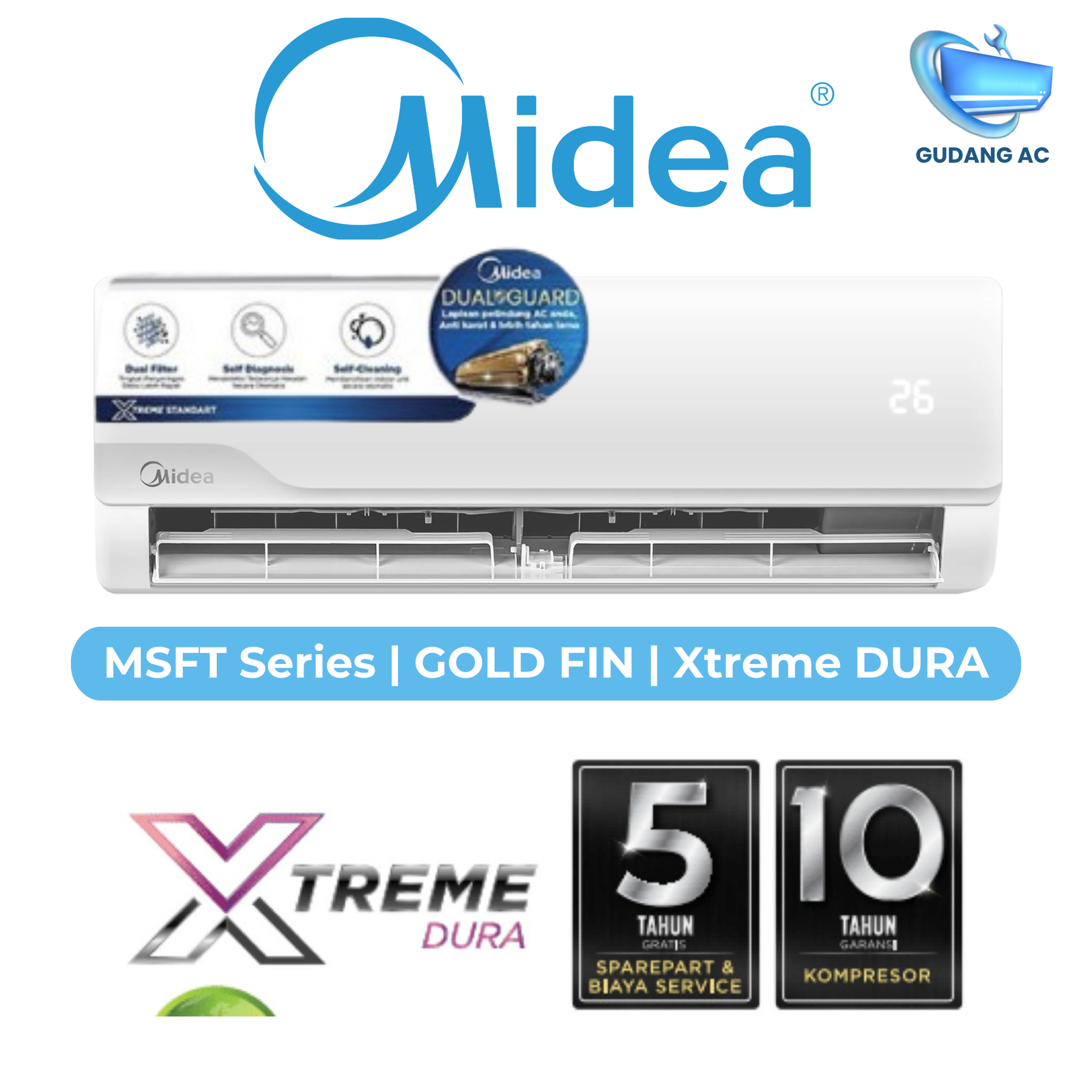 AC Midea 1.5 PK MSFT-12CRN8 Gold Fin Xtreme Dura